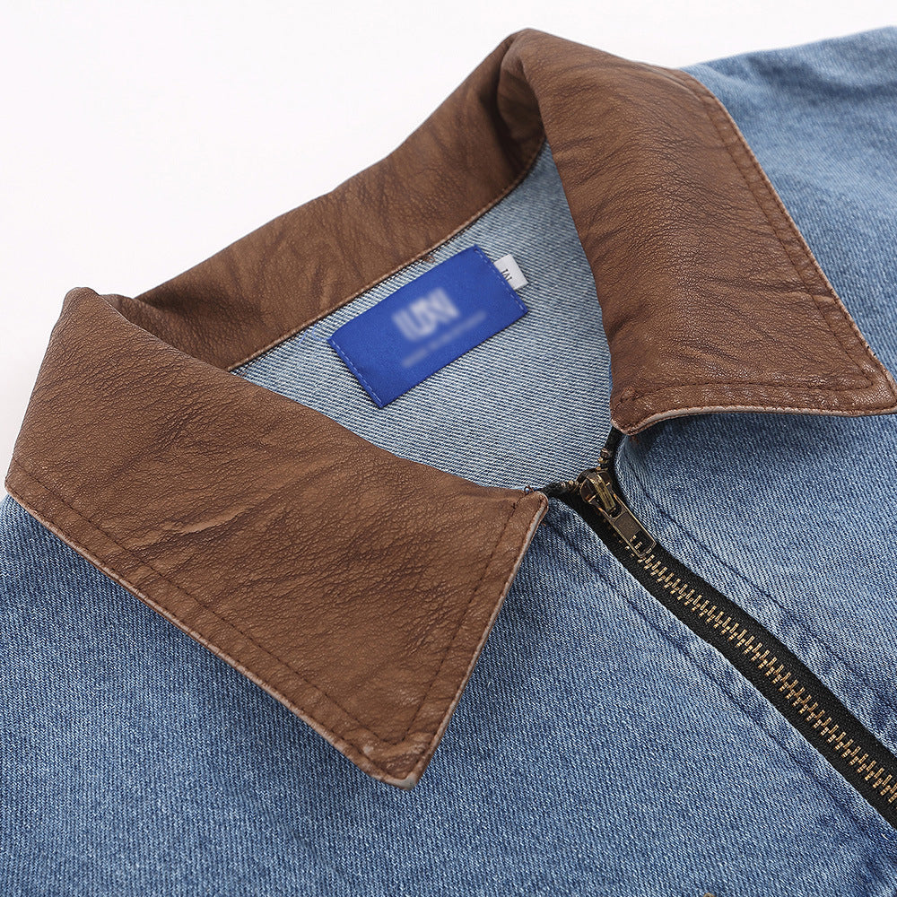 Ropa de trabajo con personalidad para hombre, abrigo con cuello vuelto, chaqueta vaquera holgada de moda con costuras de cuero PU y Color contrastante