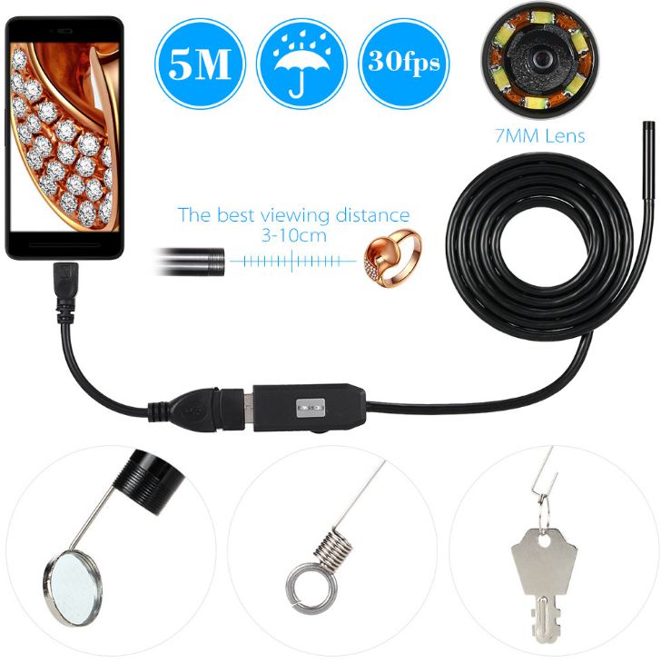 OWSOO 6 LED 7MM USB Endoscope Camera 5M Waterproof USB Wire Snake Tube Inspection Borescope For OTG Compatible Android Phones