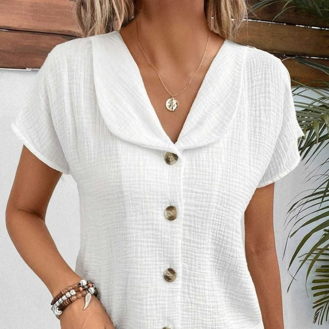 Top de mujer con botones de manga corta de moda de color sólido de verano