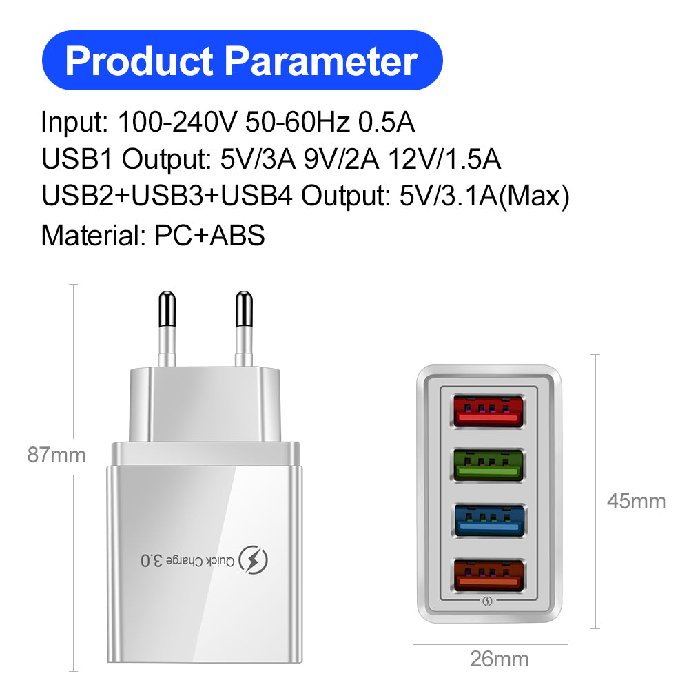 USB 充电器快速充电 3.0 4 手机适配器适用于平板电脑便携式壁式移动充电器快速充电器