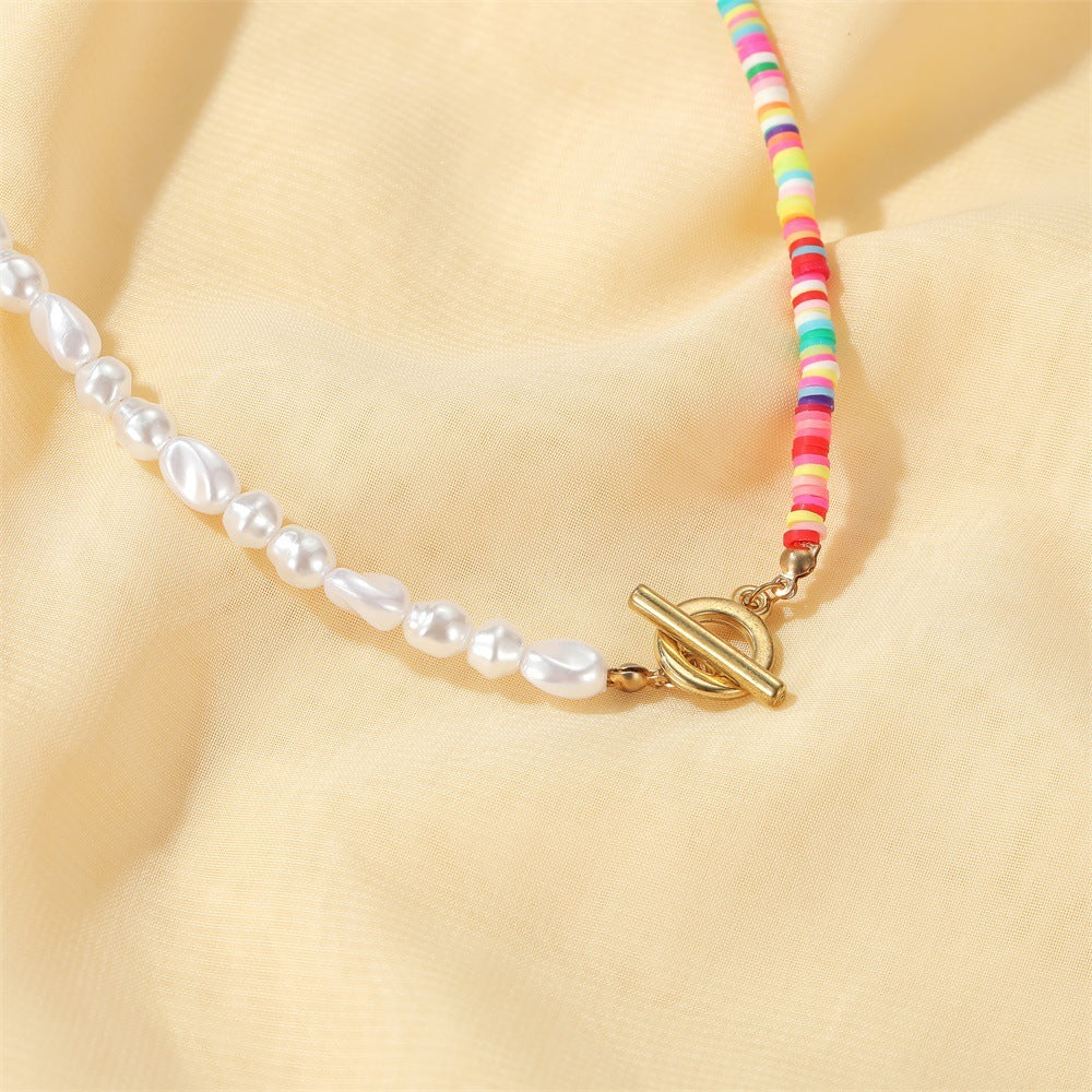 Sime Style Colored Clay Necklace, Natural Pearls