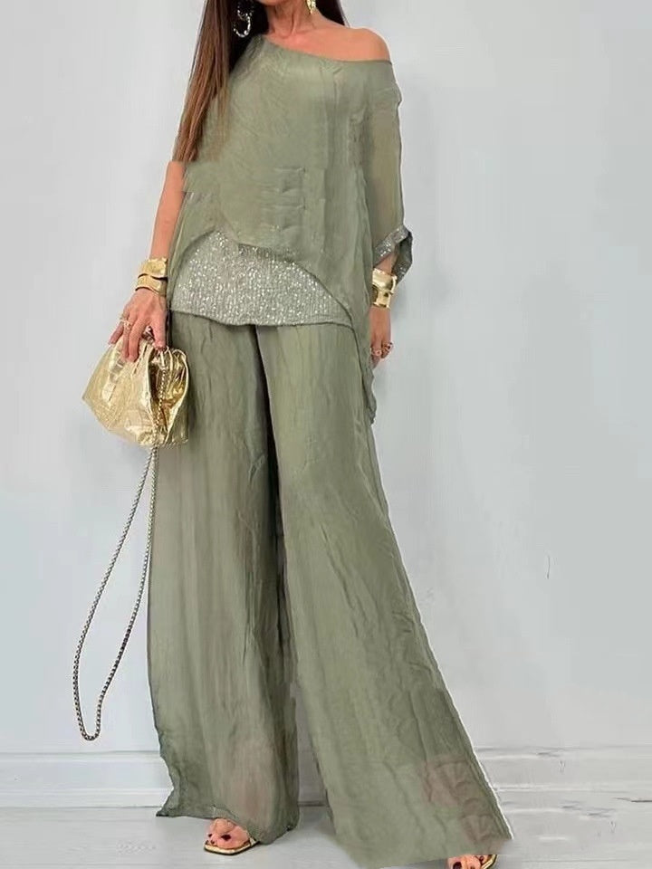 Chiffon Round Neck Short Sleeve Sequin Stitching Trousers Casual Suit