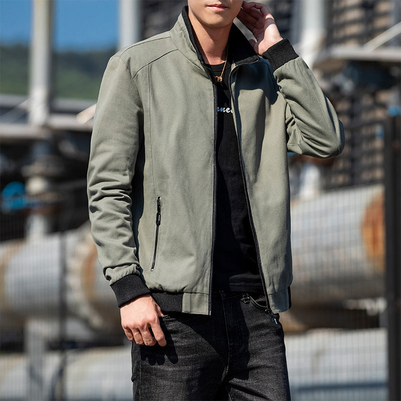 Autumn Short Stand Collar Jacket Casual Zip Coat Men's Korean Trendy Workwear Men's Black Wear-resistant