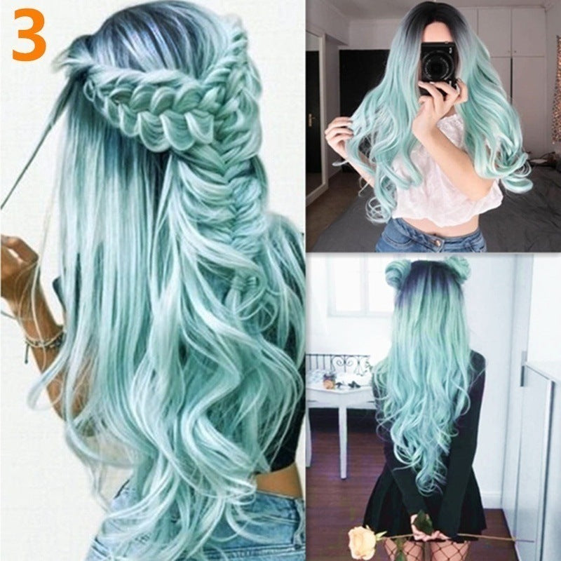 Dye Gradient Black Mint Green Split Long Curled Synthetic Fiber Wig