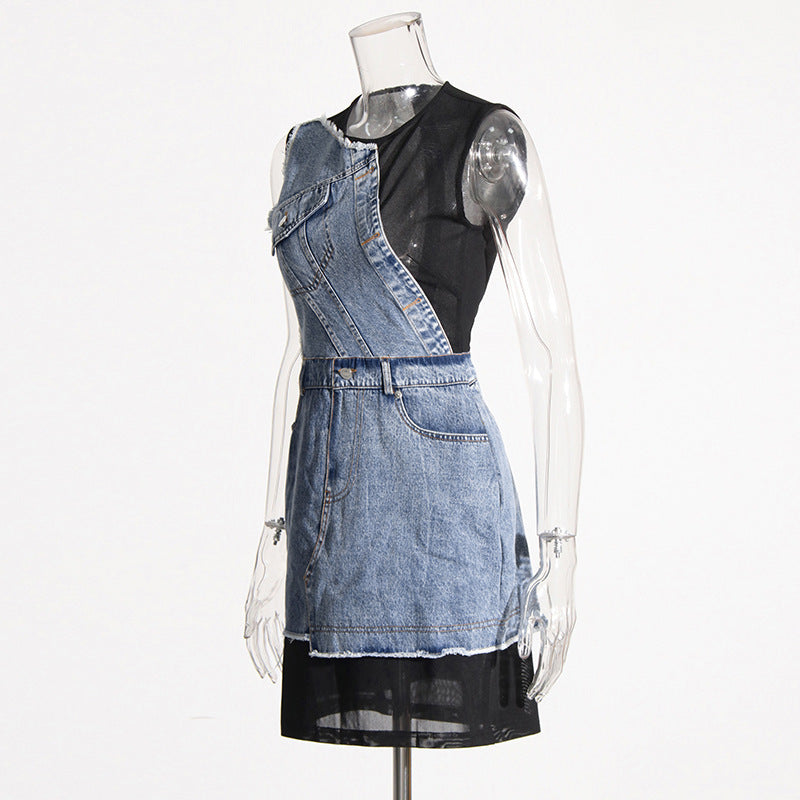 Women's Round Neck Sleeveless Denim Stitching Mesh Zipper Dress