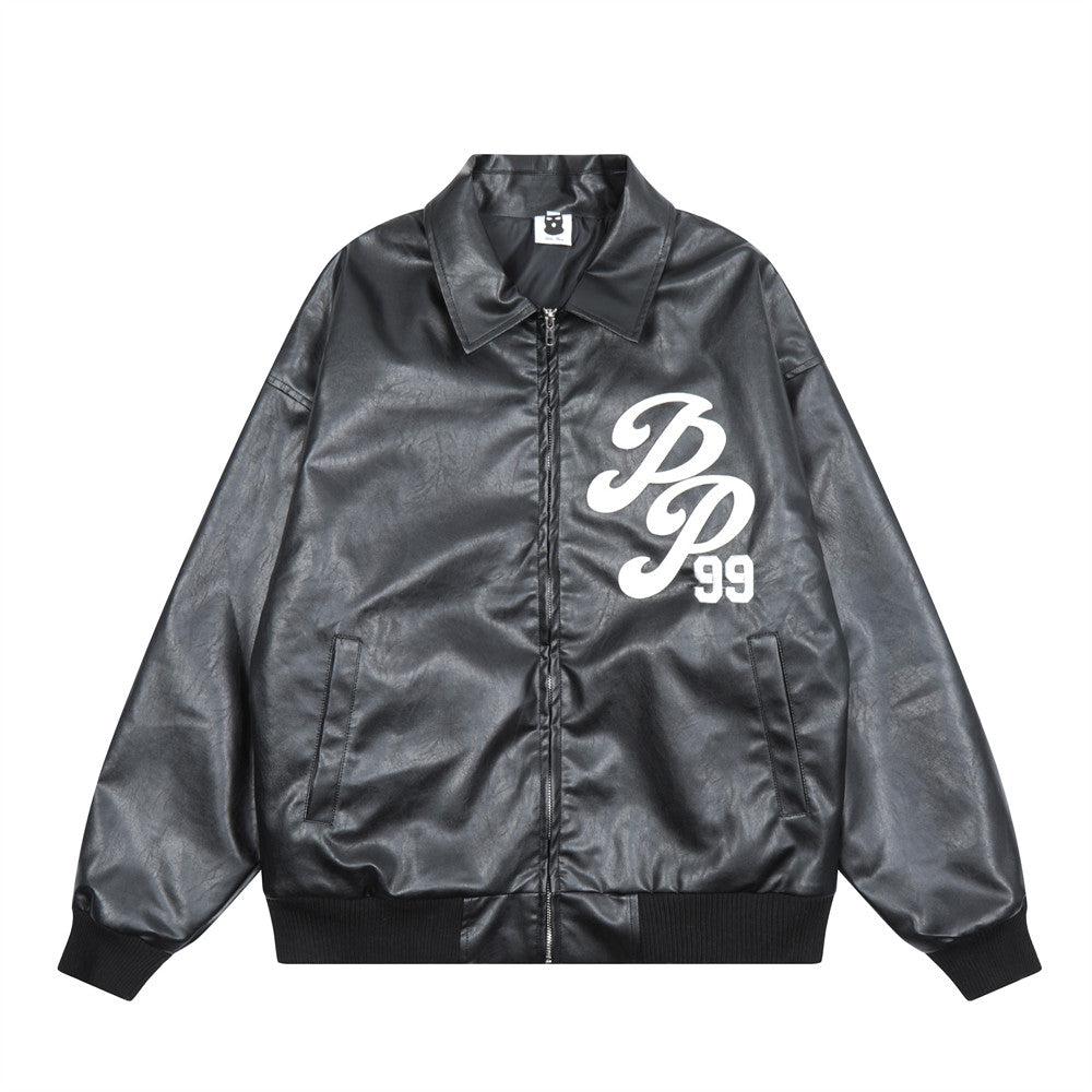 Embroidered Letter PU Coat Men's Loose Lapels Motorcycle Clothing Leather Coat