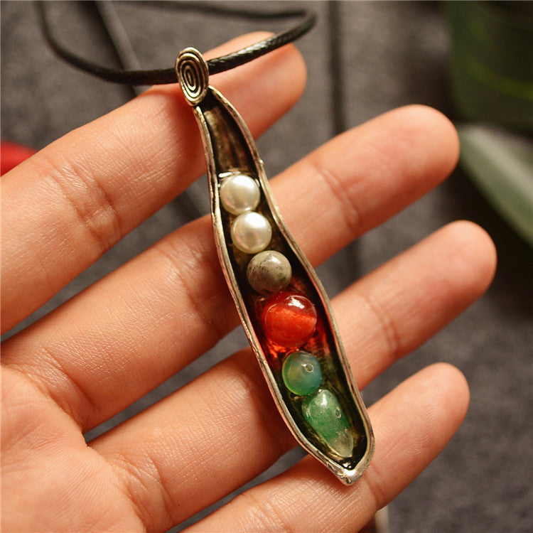 Women's Vintage Ethnic Antique Silver Distressed Pod Long Necklace