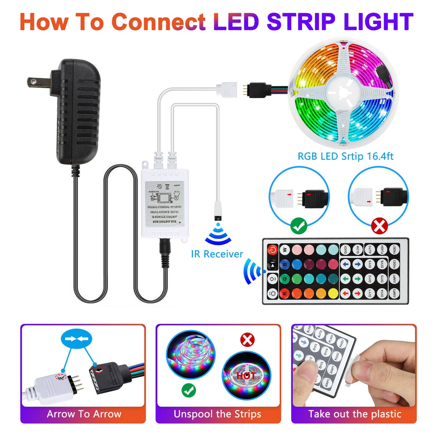 16.4FT RGB Flexible 300LED Tira de luz SMD Luces de hadas remotas Habitación TV Barra de fiesta Luz de tira LED Luz de hadas remota Habitación Fiesta Impermeable