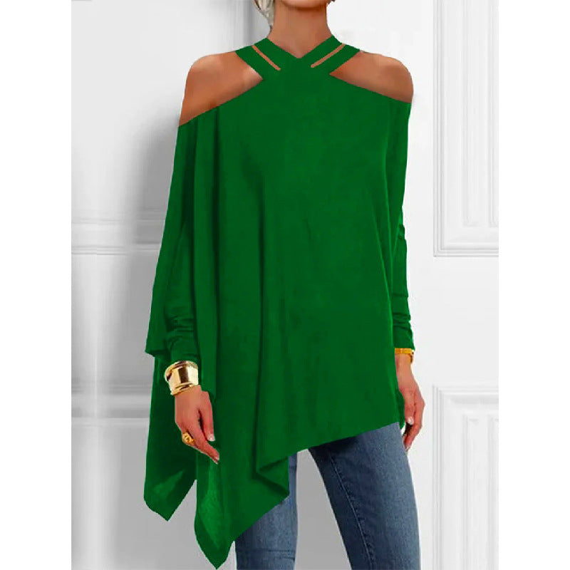 Loose Asymmetry Hollow Solid Color Cold Shoulder Shirt Top