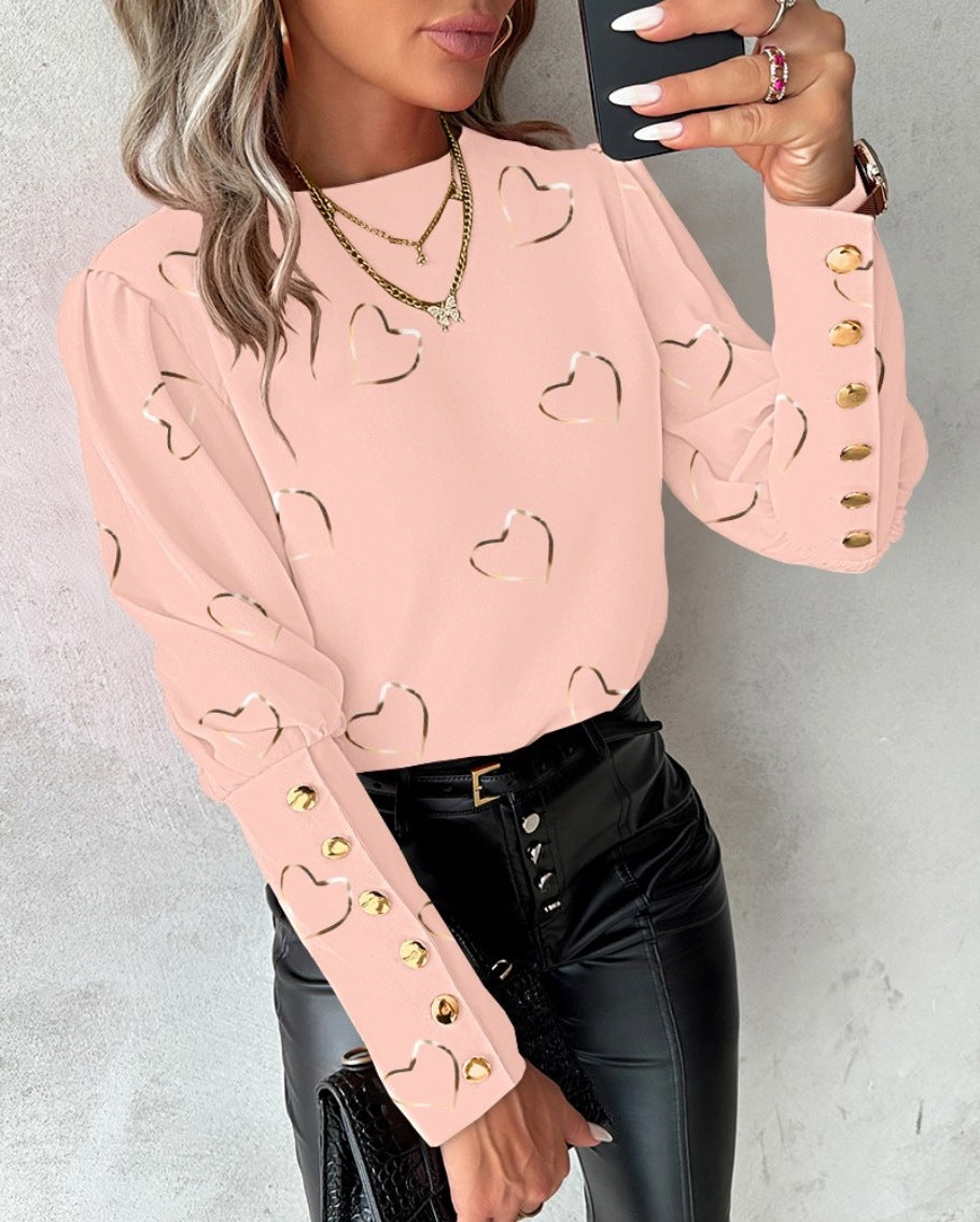 Camisa estampada con botones y cuello redondo de manga larga para mujer