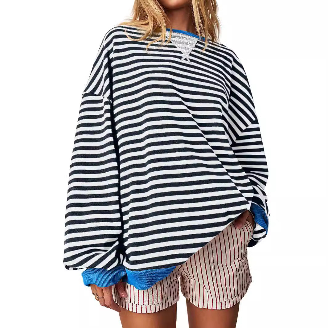 Women's Striped Embroidered Stitching Color-inserted Pullover Sweater