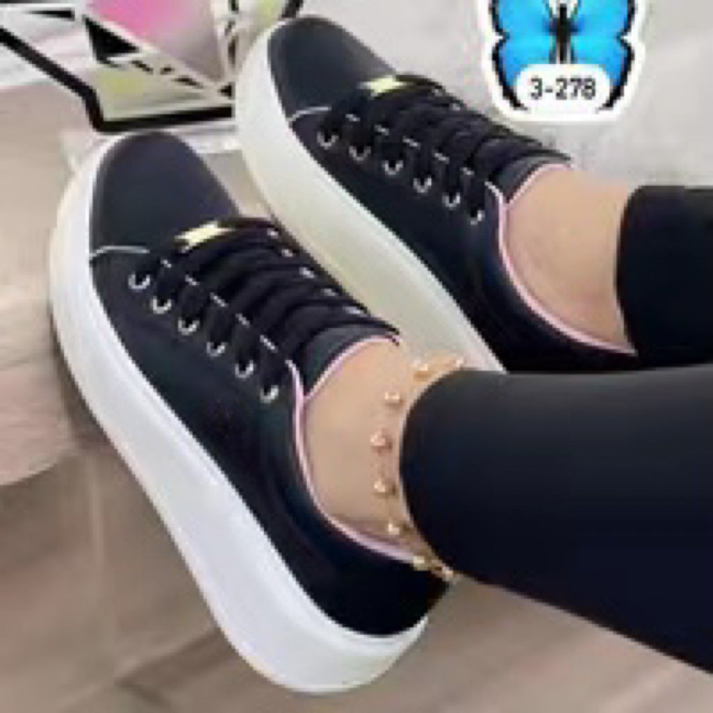 Zapatos de mujer con cordones de color sólido y parte inferior gruesa con cabeza redonda