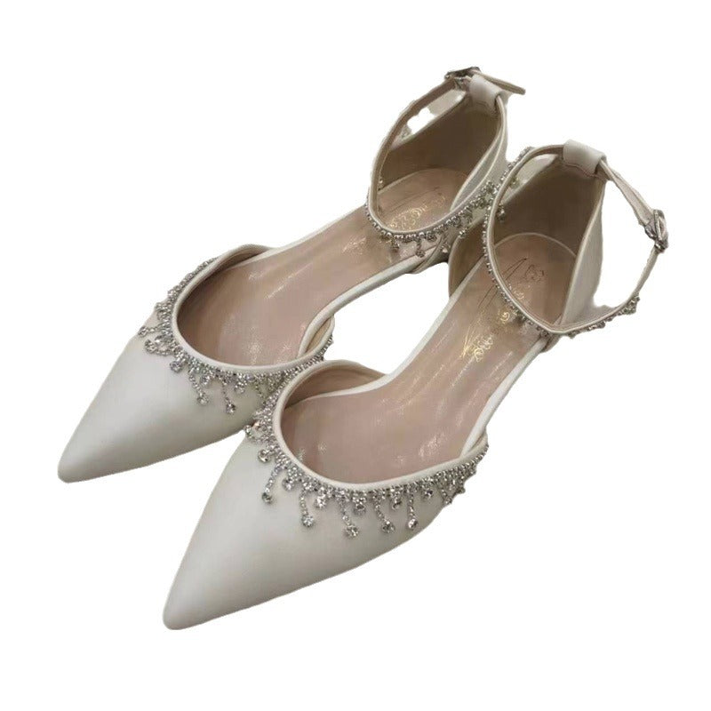 Tassel Rhinestone Decorative White Flat Shoes