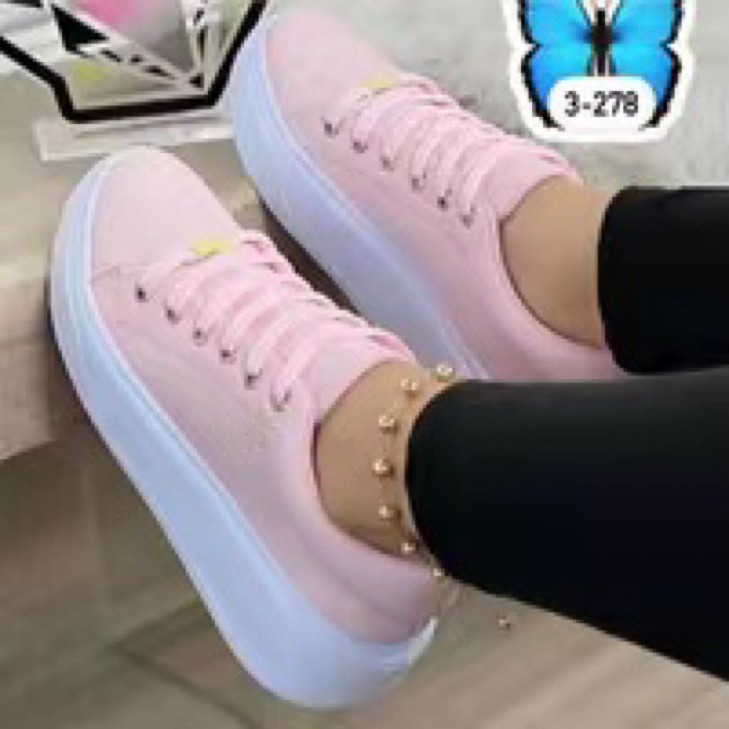 Zapatos de mujer con cordones de color sólido y parte inferior gruesa con cabeza redonda