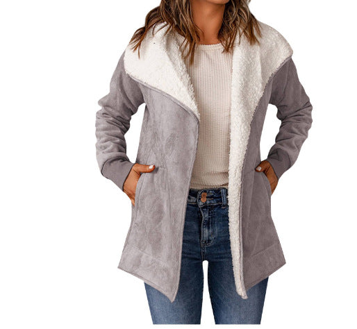 Women's Long-sleeved Suede Lambswool Warm Coat