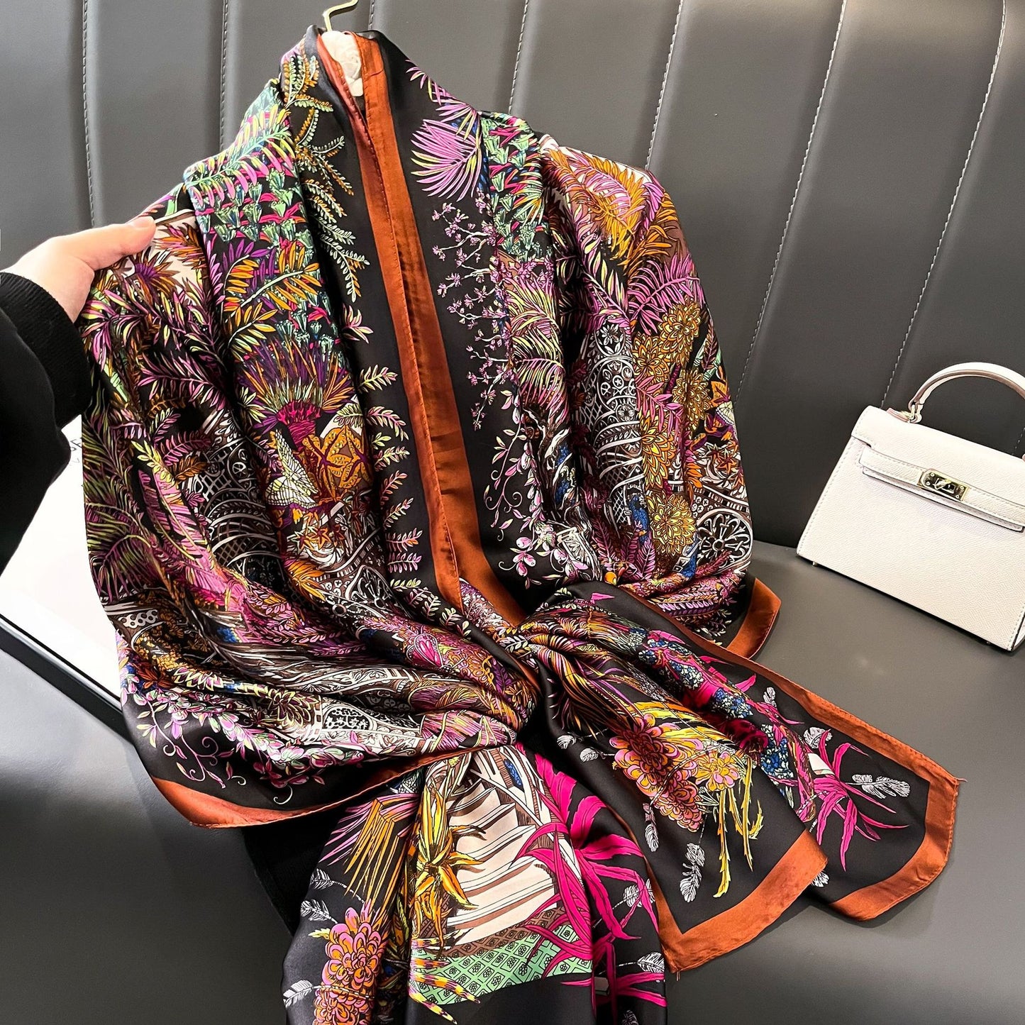 Silk Scarf Bright Butterfly Printed Silk Scarf Women's Thin Long Shawl