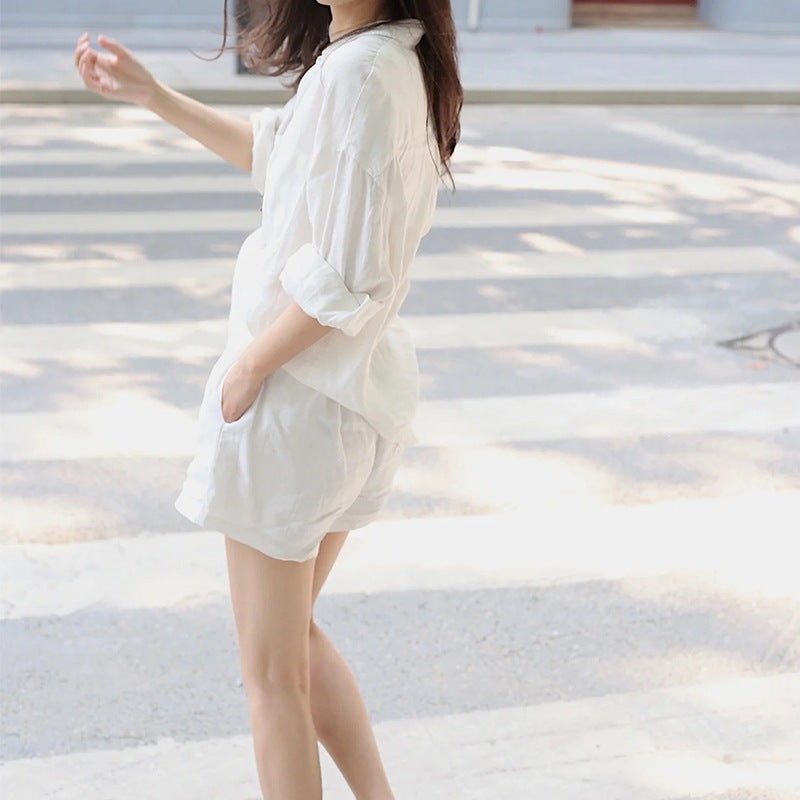 Women's Linen Shirt Shorts Suit Loose