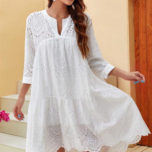 Women's Clothing 2021 Summer New Three-quarter Sleeve Lotus Leaf Skirt Fresh Sweet Style Embroidery Hollow Dress