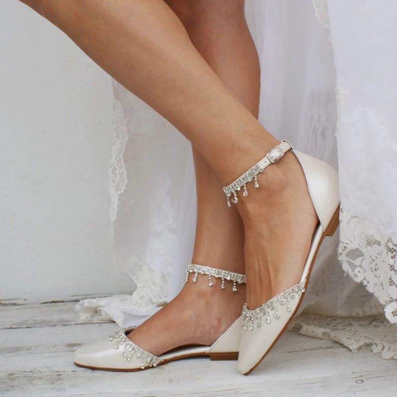 Tassel Rhinestone Decorative White Flat Shoes