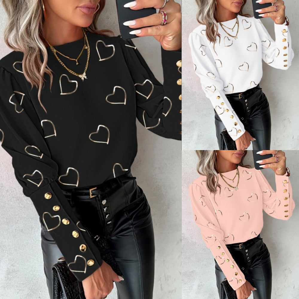 Women's Printed Long-sleeved Round Neck Button Shirt