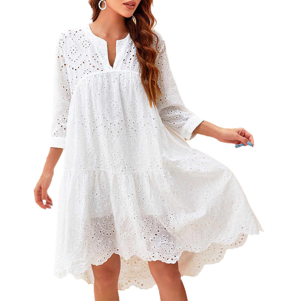 Women's Clothing 2021 Summer New Three-quarter Sleeve Lotus Leaf Skirt Fresh Sweet Style Embroidery Hollow Dress