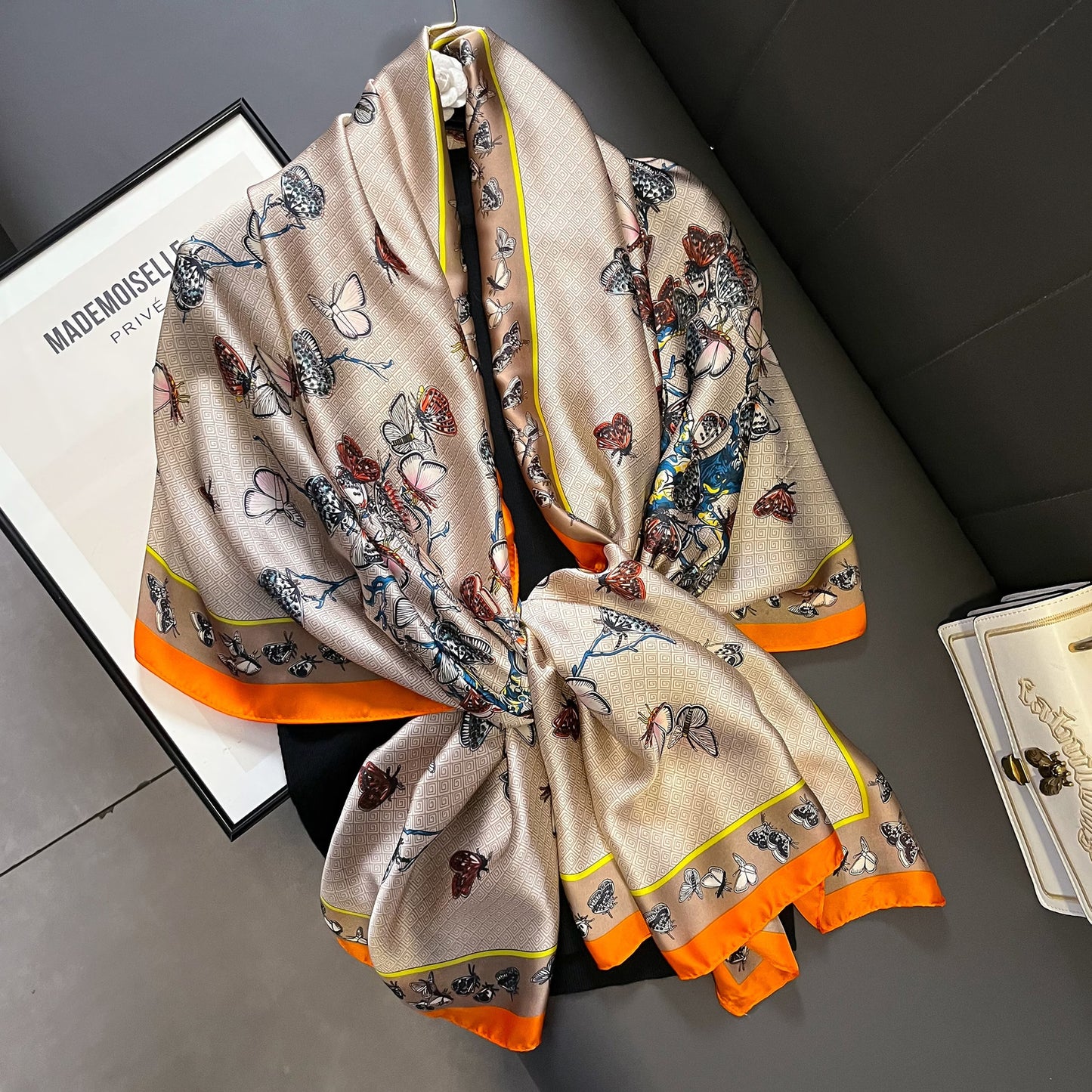 Silk Scarf Bright Butterfly Printed Silk Scarf Women's Thin Long Shawl