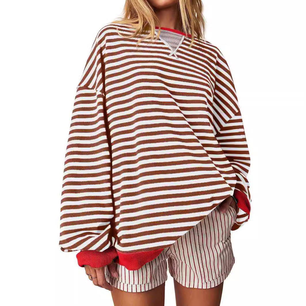 Women's Striped Embroidered Stitching Color-inserted Pullover Sweater