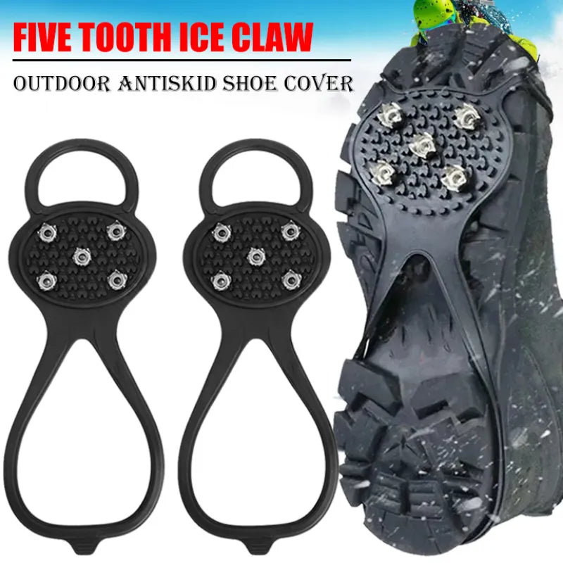 Pinza de hielo Unisex para hombre, 5 dientes, para zapatos, pinzas para hielo, tacos con puntas para tacos de nieve, cubiertas antideslizantes para escalada y senderismo