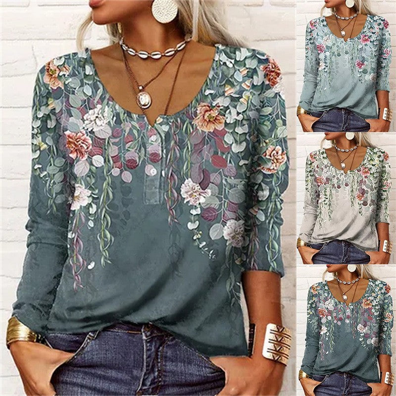 Camiseta holgada con botones y cuello en U floral geométrica de manga larga para mujer