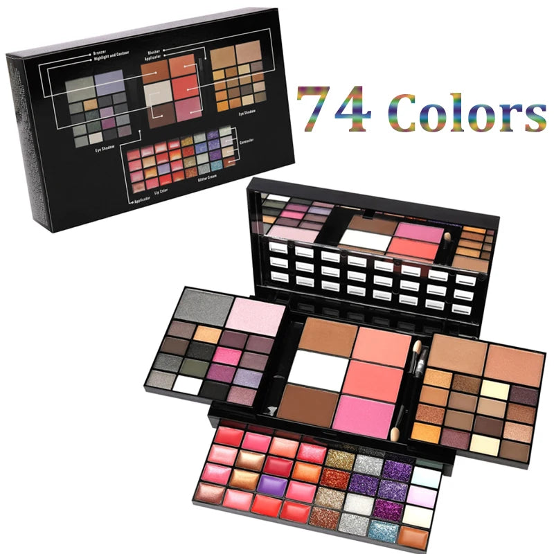 Juego de maquillaje de 74 colores, brillo de labios, rubor, sombra de ojos, resaltado, placa combinada, juego de maquillaje al por mayor