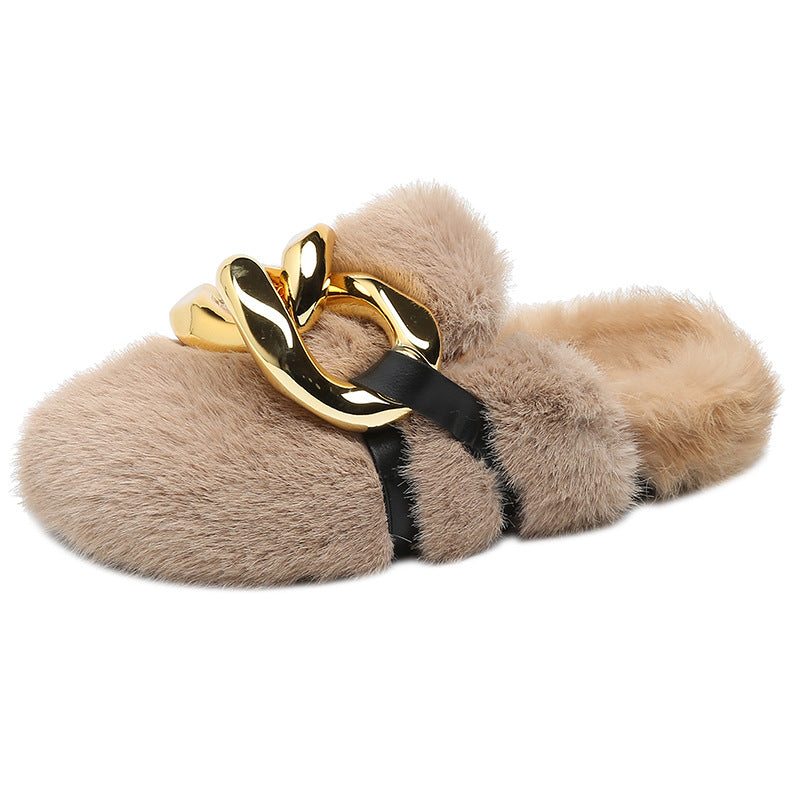 Pantuflas con plataforma de piel de visón con forro polar a la moda para mujer