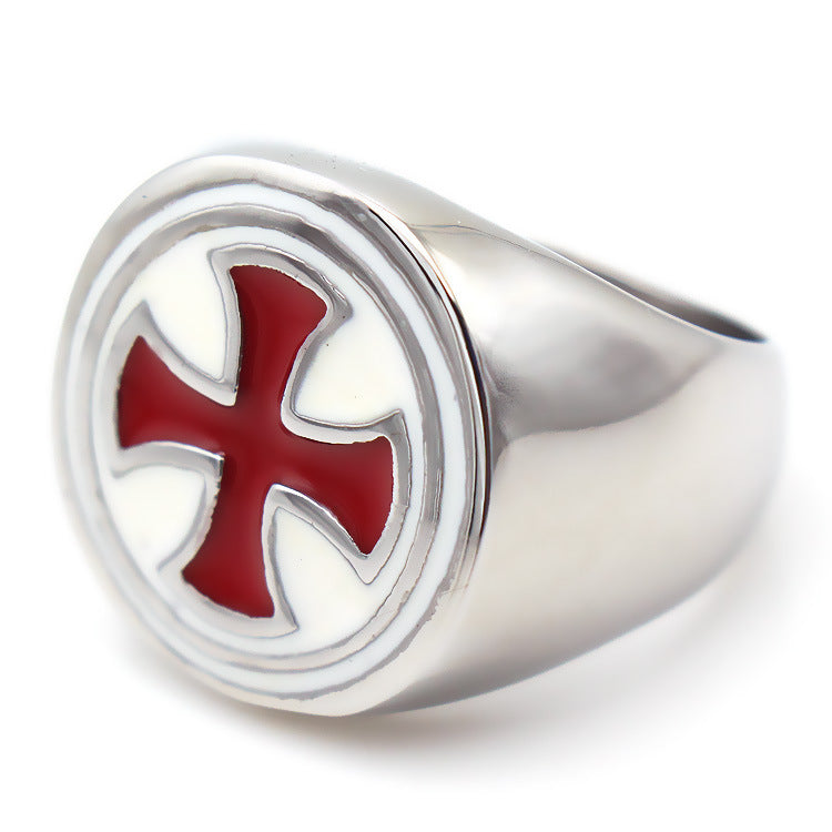 Anillo retro de acero de titanio para hombre con cruz de goteo roja