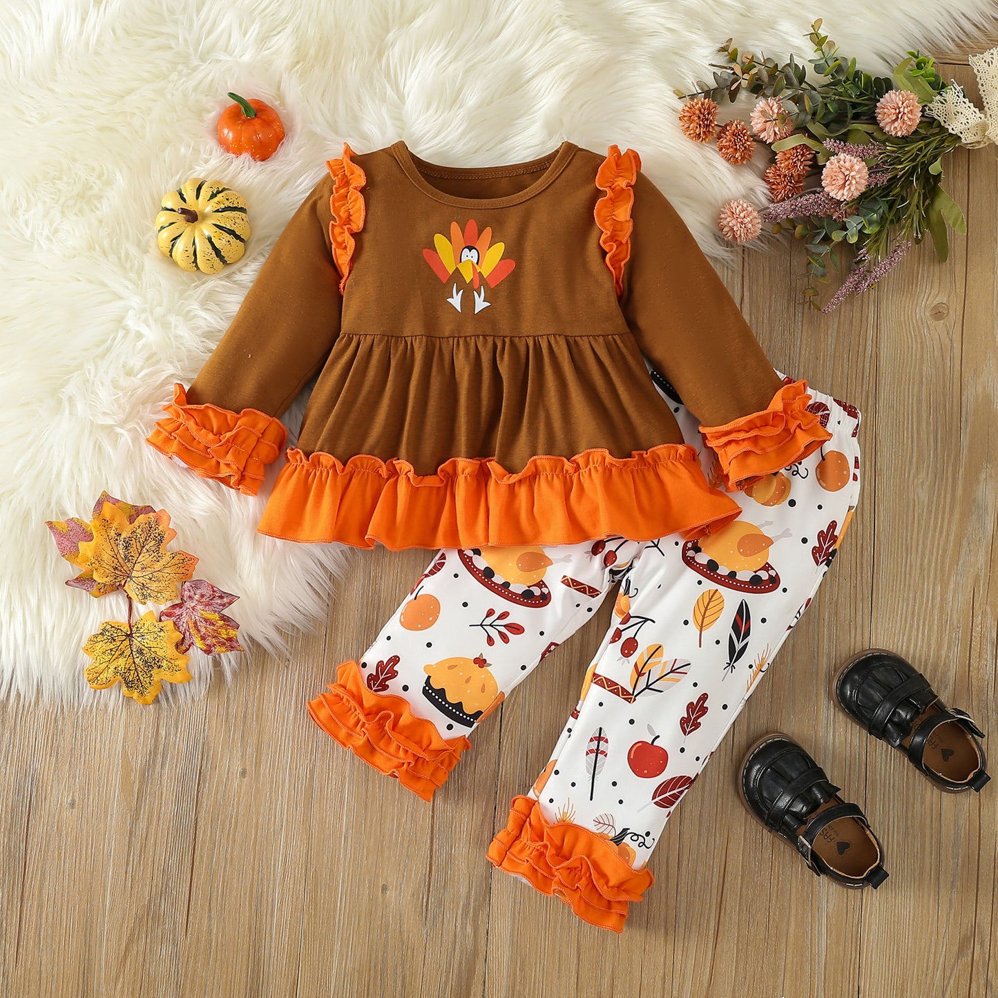 Children's Clothing European And American Lace Long-sleeved Turkey Embroidered Top Lace Trousers Thanksgiving Suit