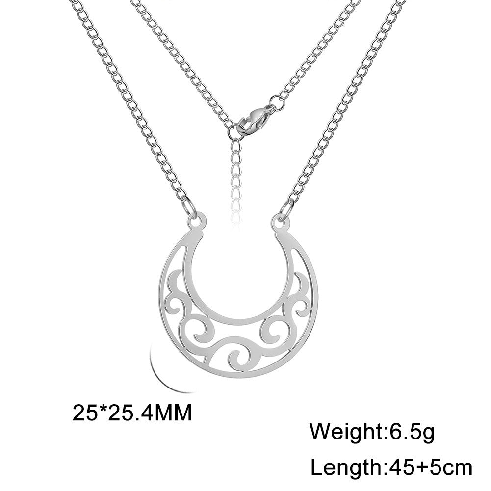 Cut Titanium Steel Hollow Moon Curl Pattern Pendant 18K Real Gold Plated Women's Stainless Steel Necklace