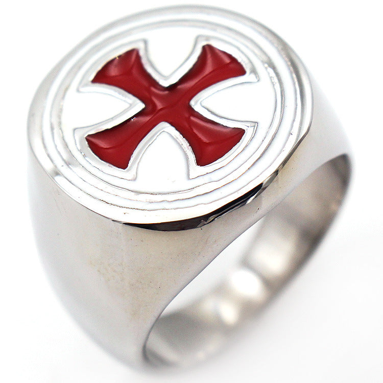 Anillo retro de acero de titanio para hombre con cruz de goteo roja