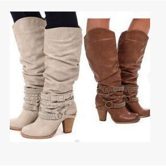 Plus Size Pleated Women's Boots Thick Heel High