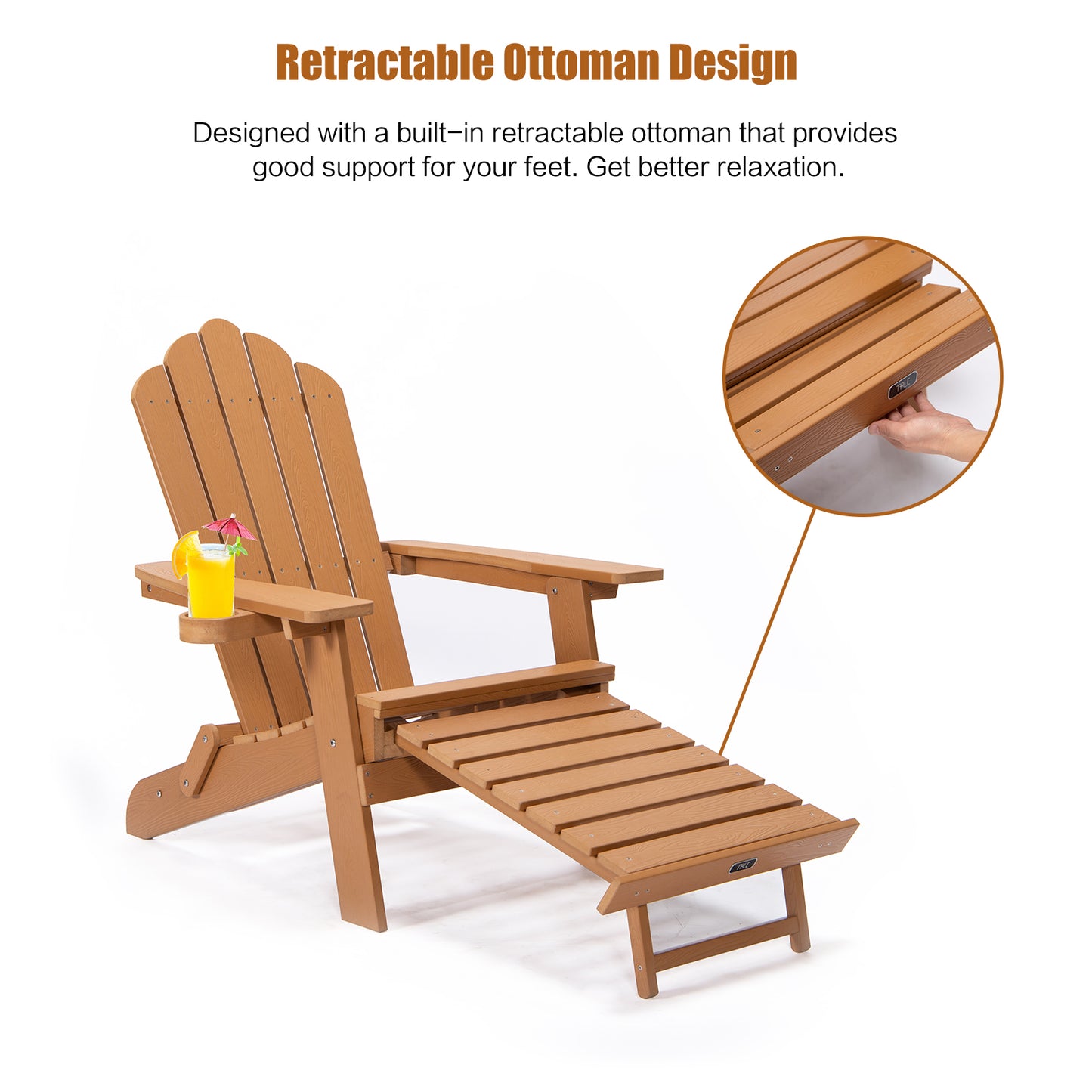 TALE Silla Adirondack plegable con otomana extraíble con portavasos, tamaño amplio, madera de poliéster, para terraza, jardín, muebles de patio trasero, fácil de instalar. Prohibido vender en Amazon