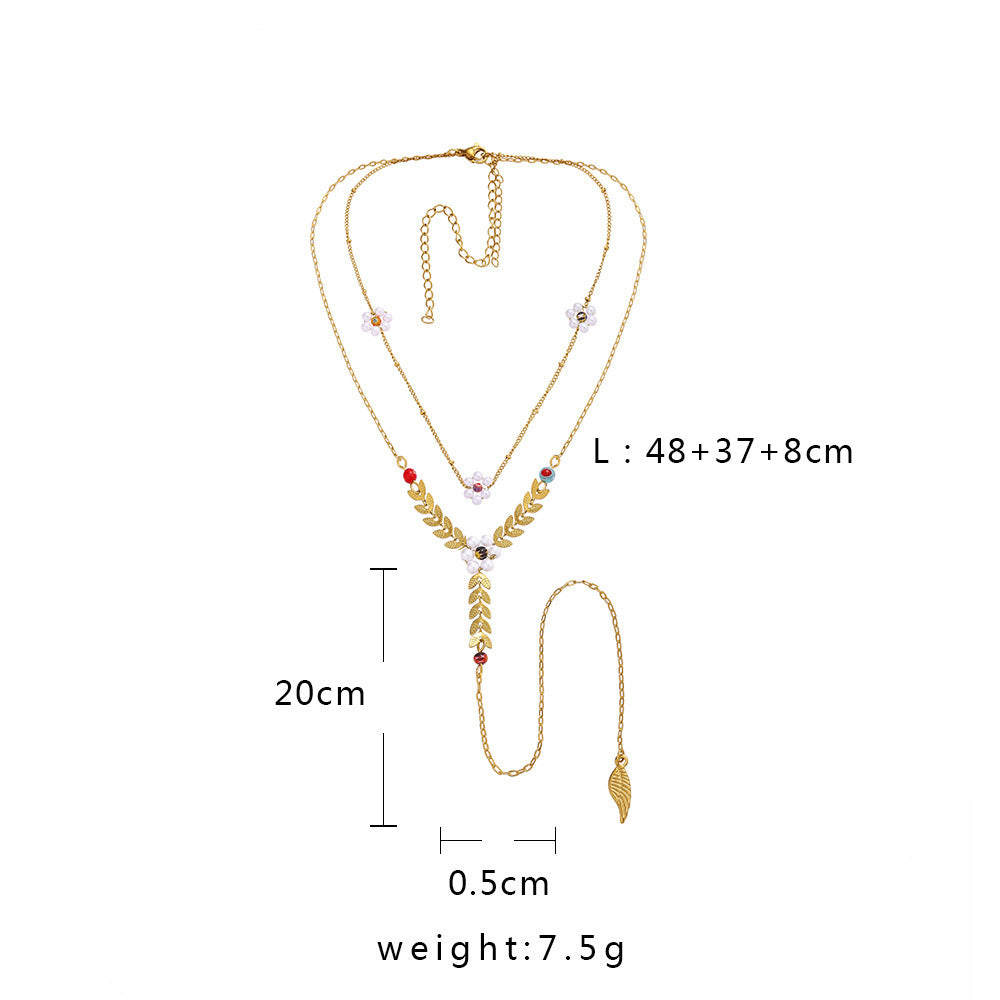 Creative Stainless Steel Golden Wheat Ear Pendant With Pearls