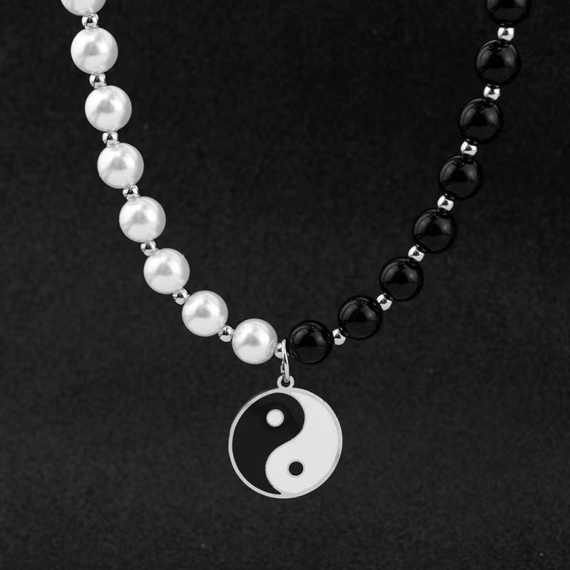 Yin Yang Tai Chi Gossip Pendant Necklace Black And White String Of Pearls