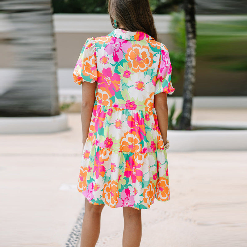 Summer Floral Print Puff Sleeve Dress