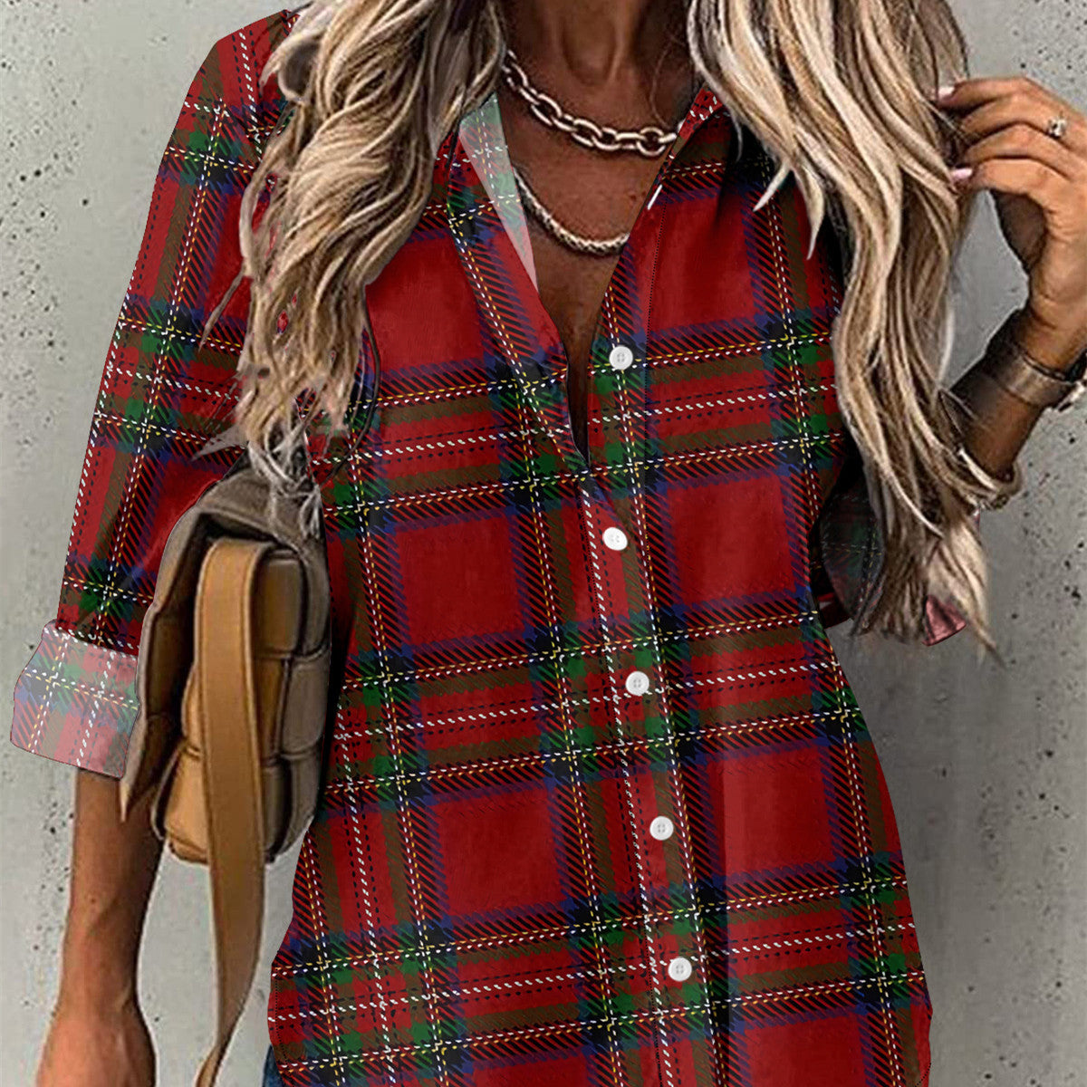 Casual Polo Collar Women's Plaid Simple Floral Print Mid-length Sleeves Shirt