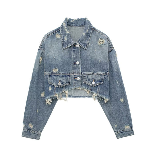 Denim Perforated Hole Decoration Short Jacket