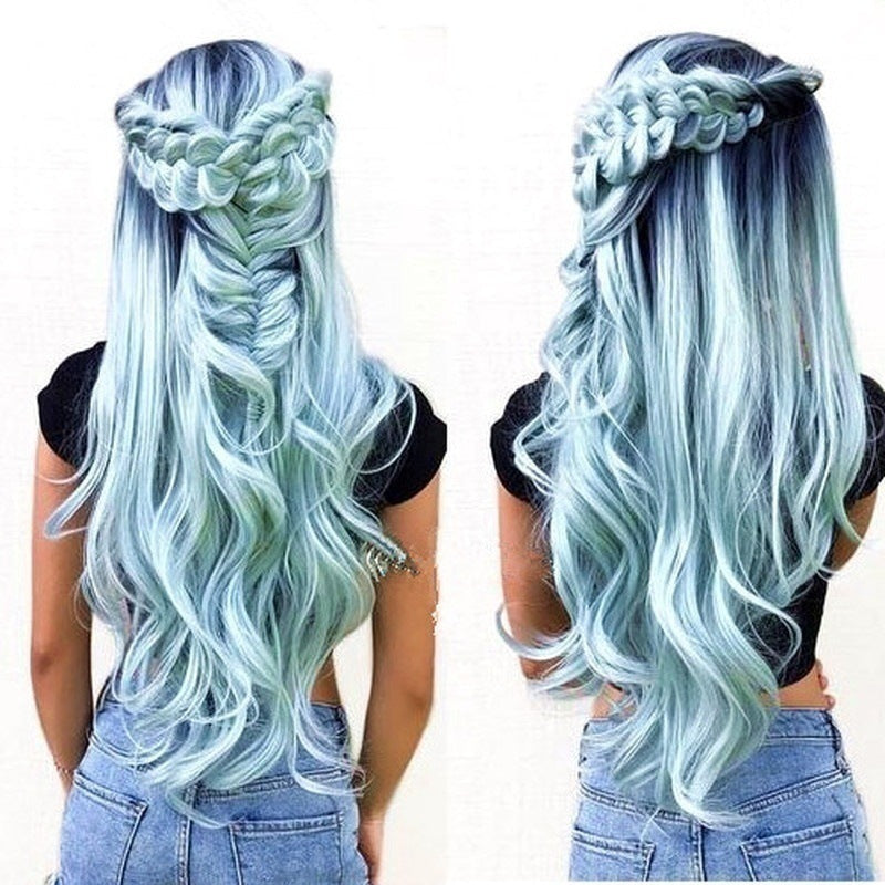 Dye Gradient Black Mint Green Split Long Curled Synthetic Fiber Wig