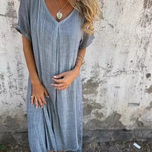 Vestido semiformal con cuello en V de lino y algodón con temperamento a la moda para mujer