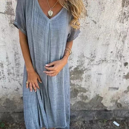 Vestido semiformal con cuello en V de lino y algodón con temperamento a la moda para mujer