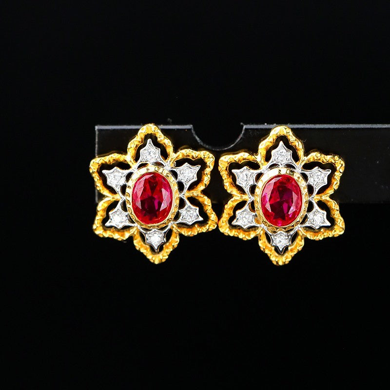 Vintage Ruby Flower Stud Earrings