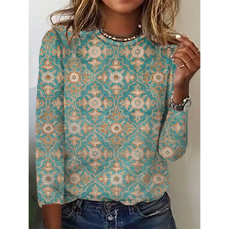 Women's Vintage Floral Print Long Sleeves T-shirt