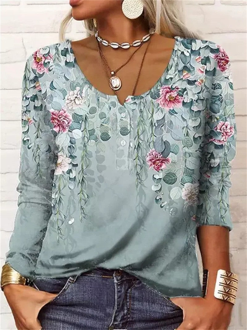 Camiseta holgada con botones y cuello en U floral geométrica de manga larga para mujer