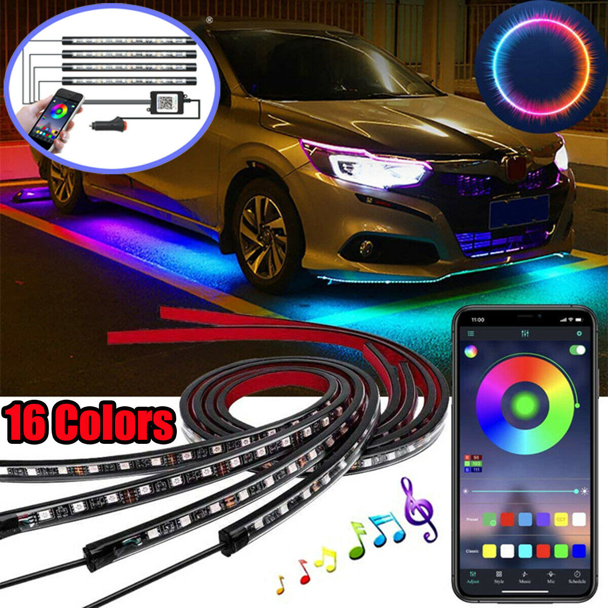 汽车 LED RGB 内饰氛围灯装饰脚灯带 USB 无线遥控音乐控制多种模式汽车