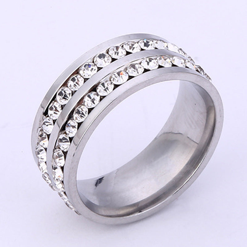 Diamond Ring Stainless Steel Jewelry Double Row Perimeter Diamond